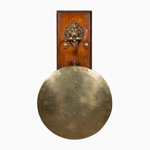 English Hanging Dinner Gong in Brass & Oak, Decorative, 1880s