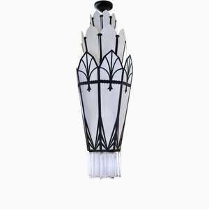 Long Art Deco Octagonal Chandelier with Glass and Black Metal Mount, 1990s
