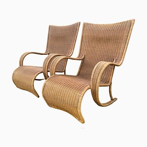 Grands Fauteuils de Jardin Mid-Century en Rotin et Osier, 1970s, Set de 2