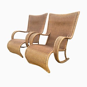 Large Mid-Century Rattan and Wicker Garden Lounge Chairs, 1970s, Set of 2