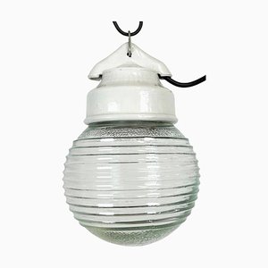 Vintage White Porcelain Pendant Light with Ribbed Glass, 1970s