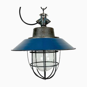 Industrial Blue Enamel and Cast Iron Cage Pendant Light, 1960s