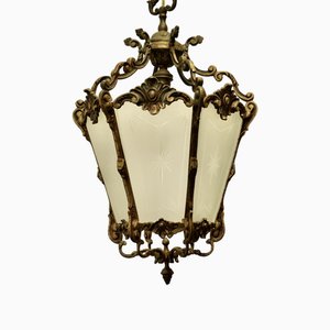 Französische Laternenlampe aus Messing & geätztem Glas im Rokoko-Stil, 1920er
