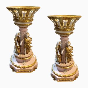 Italian Centerpieces in Porcelain with Sculpture of Women and Flowers & Touches of Gold by Tiche, Set of 2