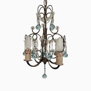 French Turquoise Crystal and Brass Chandelier, 1920s