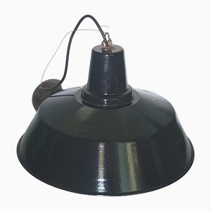 Große schwarz emaillierte industrielle Deckenlampe, 1930er