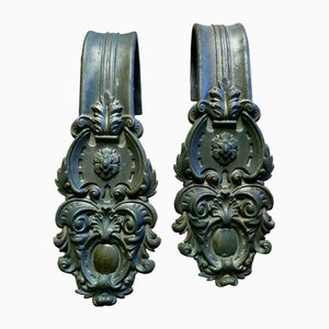 Early 19th Century English Patinated Brass Curtain Tie Backs, Set of 2