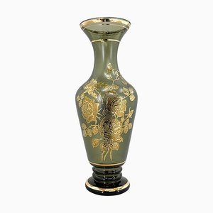 Large Green Glass Vase with Golden Decor, 1960s