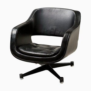 Black Leather Swivel Lounge Chair by Olli Mannermaa, 1970s