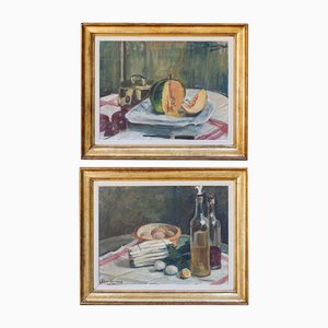 Alexandre Denonne, Bodegón con espárragos, huevos y melón, años 20, óleo sobre lienzo. Juego de 2