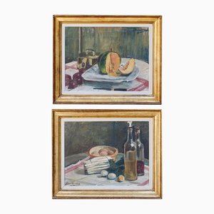 Alexandre Denonne, Nature Morte avec Asperges, ufs et Melon, 1920s, Huile sur Toile, Set de 2