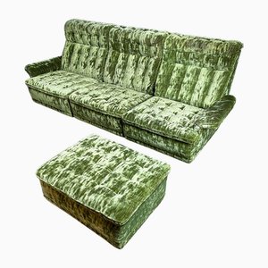 Mid-Century 3-Sitzer Sofa mit Fußhocker aus Grünem Samt, 2er Set