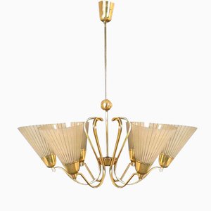 German Brass & Etched Glass Chandelier, 1950s