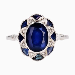 French Art Deco 18 Karat White Gold Platinum Oval Ring with Sapphire and Diamonds, 1920s