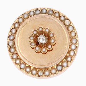 Broche 19e Siècle en Or Rose 18 Carats avec Diamant et Perles