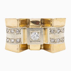 Vintage 18 Karat Gelbgold Tank Ring mit Brillantschliff Diamanten und Rosetten, 1940er