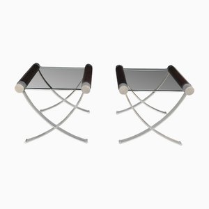 Modernist Glass, Walnut and Brushed Steel Side Table, Italy 1970s, Set of 2