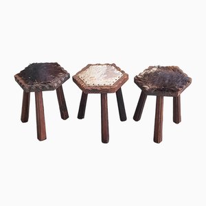 Brutalistische Hocker aus Holz & Haut, 1970er, 3er Set