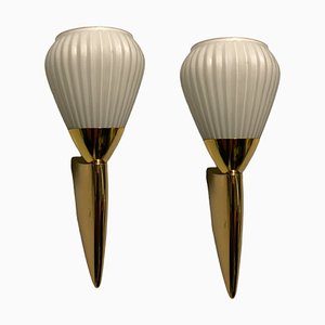 Opaline Glass Pleated Brass Sconces, 1980s, Set of 2