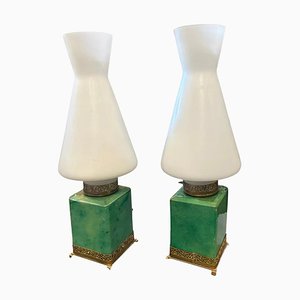 Mid-Century Modern Brass and Green Goatskin Bed Lamps by Aldo Tura, 1950s, Set of 2
