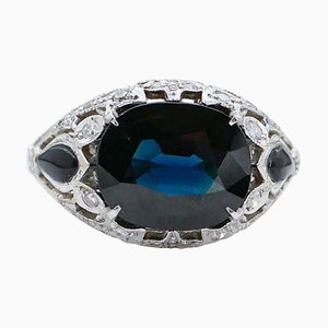 14 Karat White Gold Retrò Ring with Sapphire, Onyx & Diamonds, 1970s