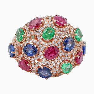 Anillo de Oro Rosa de 18 Quilates con Zafiros, Esmeraldas, Rubíes y Diamantes