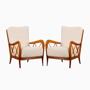 Fauteuils en Tissu Naturel Bouclé et Merisier par Paolo Buffa, Italie, 1950s, Set de 2