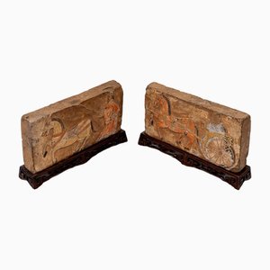 Han Artist, Carved Bricks with Polychrome Traces, 19th Century, Terracotta, Set of 2