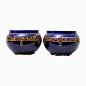 Large Dark Cobalt Blue Cache-Pots from Sarreguemines, 1800s, Set of 2