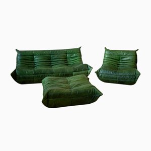 Vintage Togo Wohnzimmer Set aus Grünem Leder von Michel Ducaroy für Ligne Roset, 3er Set