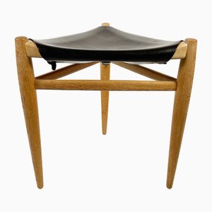 Scandinavian Leather and Oak Stool by Luxus, 1950s