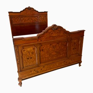 Antique Victorian King Size Figured Walnut Floral Marquetry Inlaid Bed, 1880
