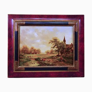 Victorian Artist, Shepherd with Herd in a Landscape, Oil on Wood, 19th Century, Framed