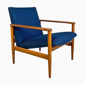 Small Mid-Century Beech and Blue Fabric Armchair, North European, 1960s