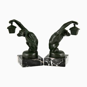 Art Deco Bookends Monkey with Lantern by Max Le Verrier, 1925, Set of 2