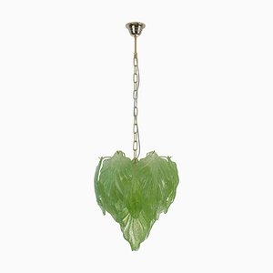 Light Green Suspension Chandelier with Murano Glass Leaves, Italy, 1990s