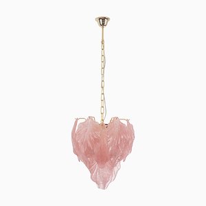 Pink Suspension Chandelier with Murano Glass Leaves, Italy, 1990s