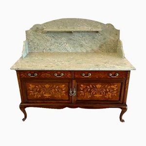 Victorian Figured Walnut Floral Marquetry Inlaid Marble Top Cabinet, 1880s