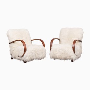 Czech H410 Lounge Chairs in Natural Long Hair Sheepskin by Jindřich Halabala for Up Závody, 1940s, Set of 2