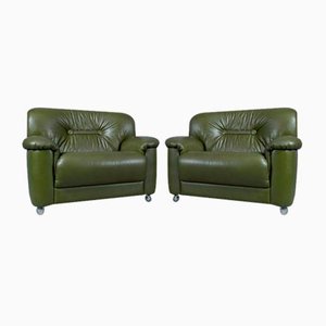 Green Leather Armchairs, Italy, 1960s, Set of 2