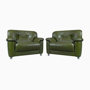 Set of Green Leather Armchairs, Italy, 1960s