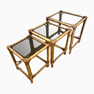 Smoked Glass and Bamboo Nesting Tables, Set of 3