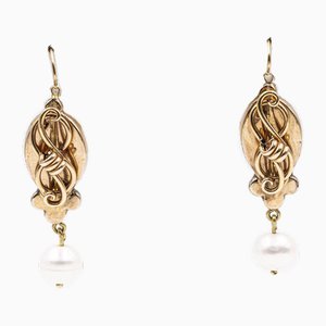 Boucles d'Oreilles Bourbon en Or Jaune 14k avec Perle, 800s, Set de 2