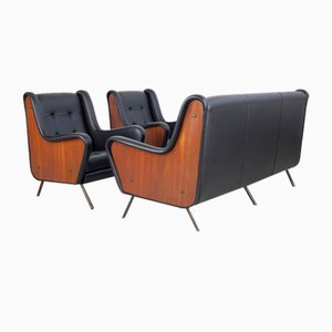 3-Seat Sofa and Armchairs in Teak and the Iron Leg Frame with Brass Sleeves from Arflex, 1950s, Set of 3