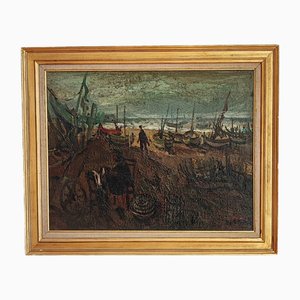 Sylvain Vigny, Barcos y pescadores, óleo sobre lienzo, años 20, enmarcado