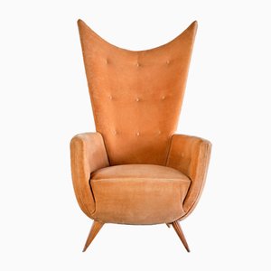 Armchair in Velvet and Fluted Walnut by Guglielmo Ulrich, Italy, 1940s