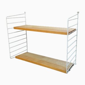 Vintage Wall Shelf with White Wire Frame and Two Ash Veneer Shelves, 1970s