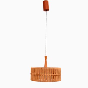 Vintage Hanging Lamp in Teak and Raffia from Temde, Germany, 1960s