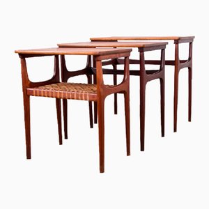 Danish Teak and Caning Nesting Tables by Erling Torvits for Heltborg Mobler, 1960s, Set of 3