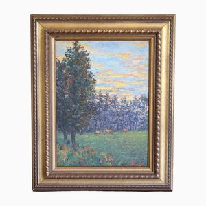 Landscape Scene with Cattle Grazing at Sunrise, Early 1900s, Oil on Board, Framed